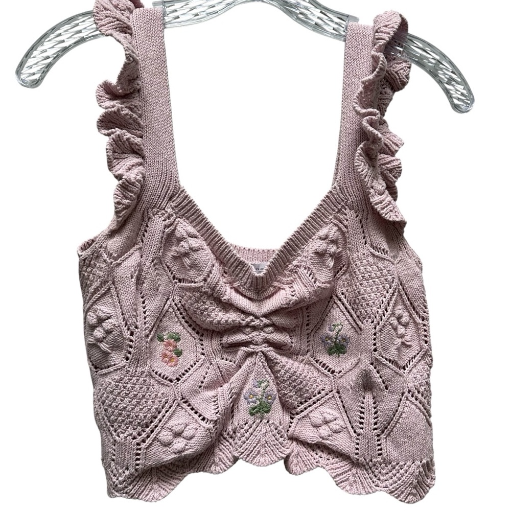 ZARA Pink‎ Embroidered Coquette Cottagecore Pointelle Knit Crop Top Ruffles - M - Picture 8 of 11